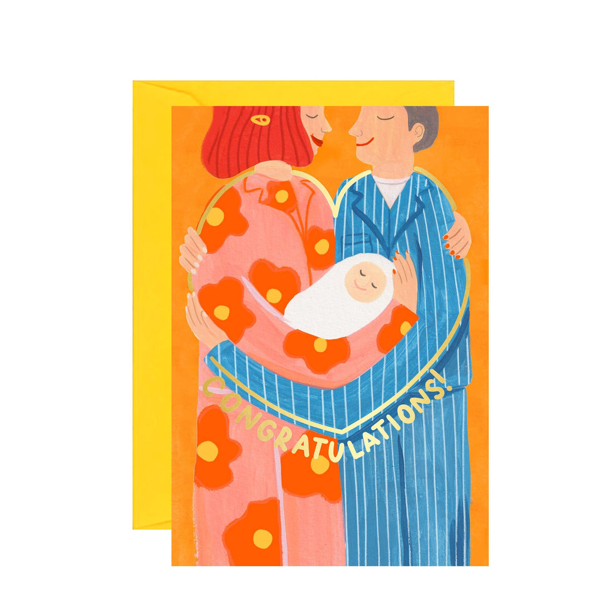 Greeting card with illustration of a couple holding a baby, forming a gold heart shape with the text 'congratulations' in gold.