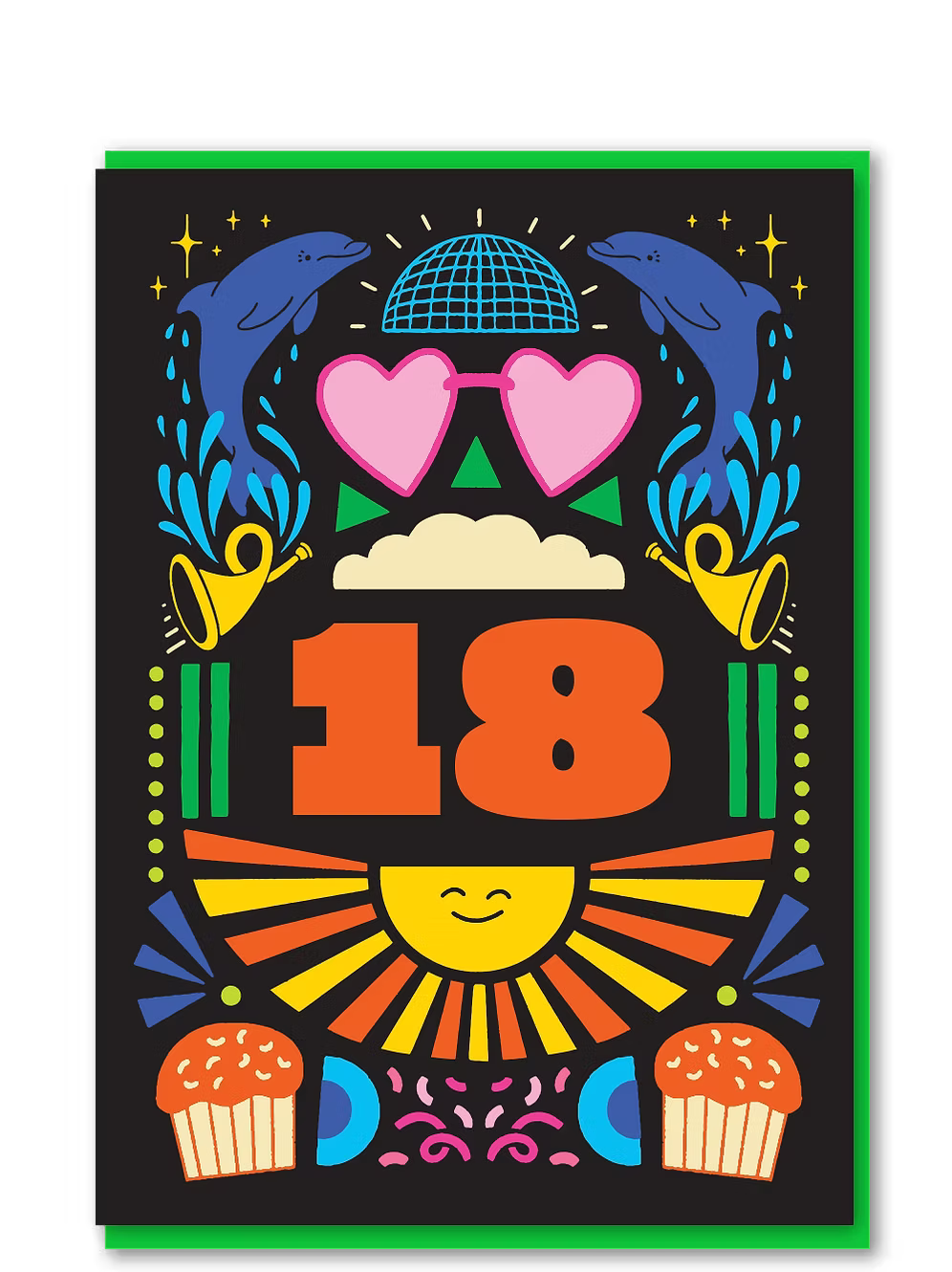 Colorful design with number 18, dolphins, hearts, and other decorative elements on a black background.