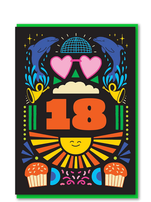 Colorful design with number 18, dolphins, hearts, and other decorative elements on a black background.