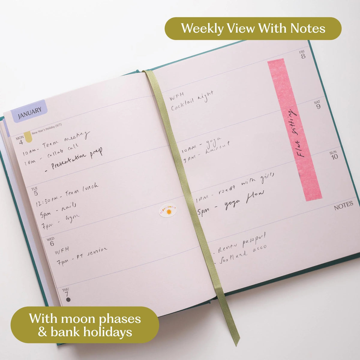An open 2027 diary with an example of a double page spread showing a full week with green ribbon bookmark.