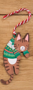 Wooden Brown Cat Christmas Decoration