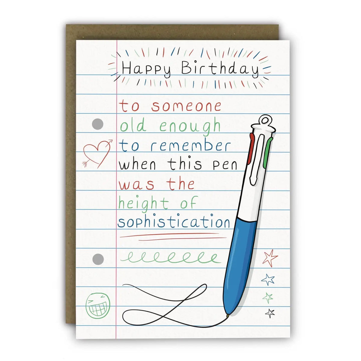 Birthday card with a pen illustration and humorous text on a lined paper background