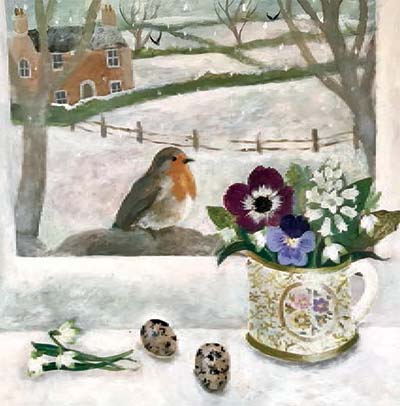 A garden robin sits on a branch outside a window showing a snowy winter scene. A makeshift vase of winter flowers sits on the inside window sill.