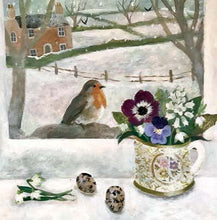 A garden robin sits on a branch outside a window showing a snowy winter scene. A makeshift vase of winter flowers sits on the inside window sill.