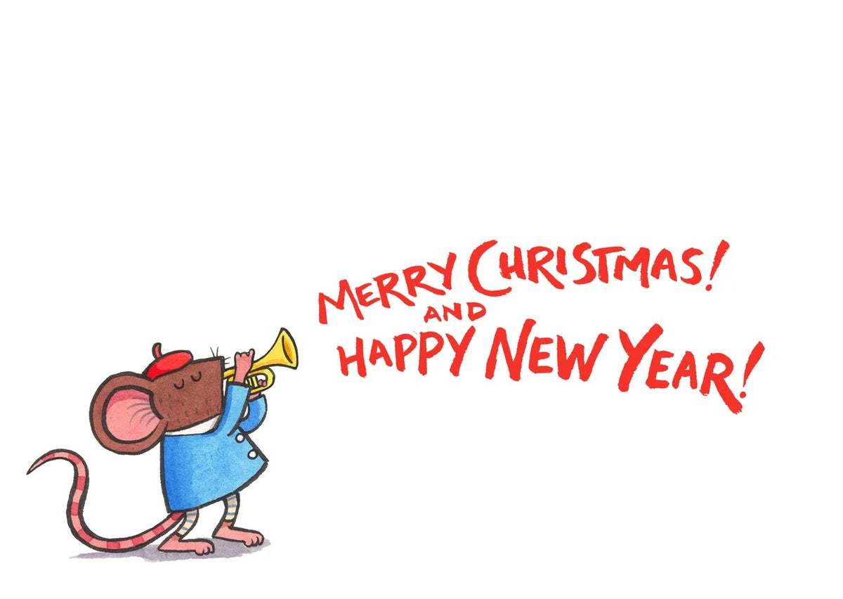 A festive illustration of a small brown mouse wearing a blue coat and red beret, playing a gold trumpet beside red handwritten text that reads “MERRY CHRISTMAS! AND HAPPY NEW YEAR!” on a plain white background.
