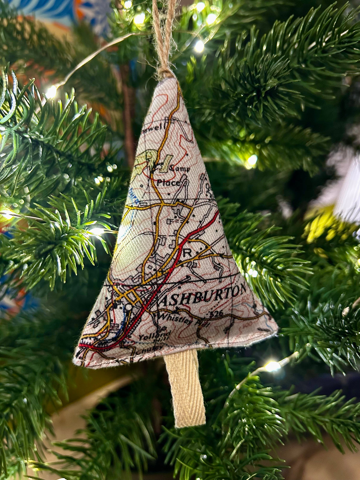 Fabric tree shape hanging ornament featured map of Ashburton, Devon