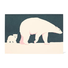 A sweet Christmas card featuring a large polar bear walking beside a small baby polar bear in the snow.