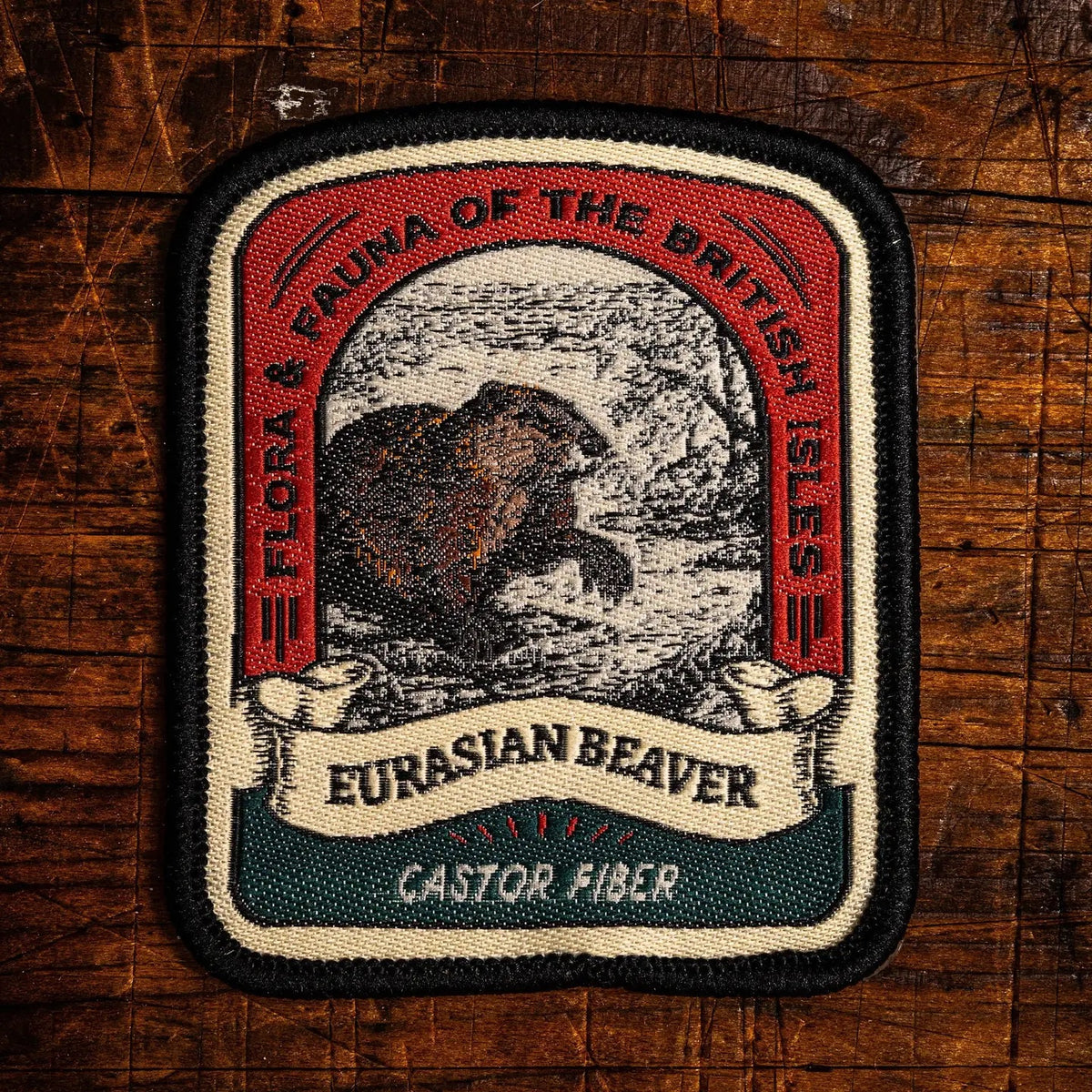 A square embroidered patch with rounded corners featuring a vintage-style beaver illustration and text reading 'FLORA & FRUHA OF THE BRITISH ISLES' and 'FURASIAN BEAVER CASTOR FIBER,' placed on a rustic wooden surface.