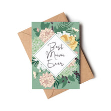 Floral card with 'Best Mum Ever' text and a brown envelope on a white background