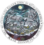 A circular vintage-style winter illustration with the text 'IN THE BLEAK MIDWINTER, LONG AGO' around the border and 'SNOW HAD FALLEN, SNOW ON SNOW, SNOW ON SNOW' at the top. The scene shows snow-covered houses, bare trees, a full moon, hills and with deer in the foreground.