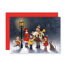 Christmas card with illustration of carol singers and a dog in winter scene.
