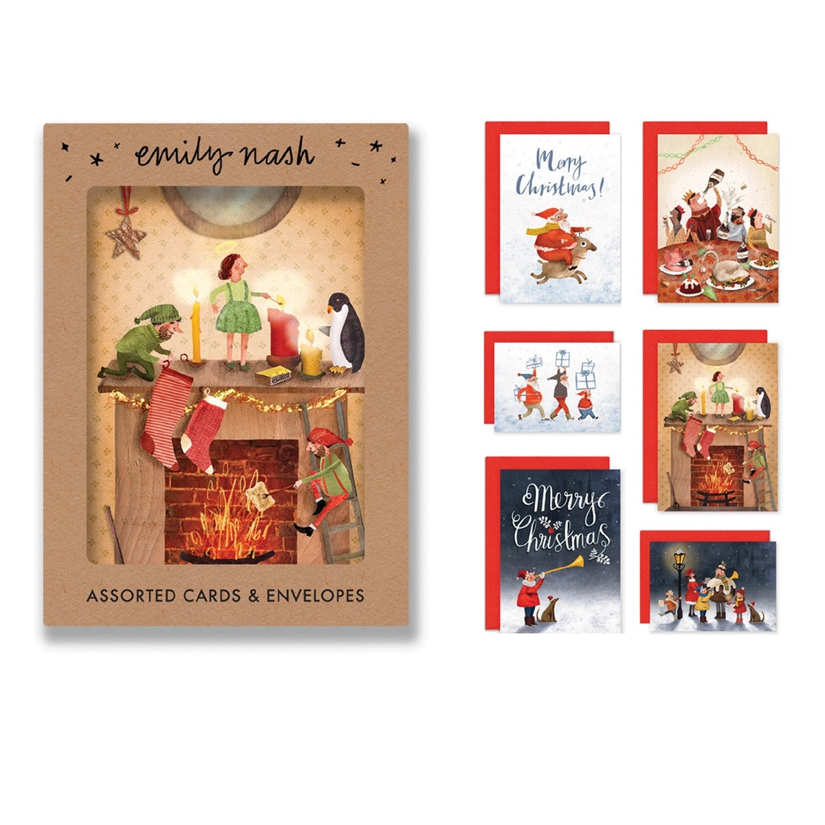 Set of Christmas cards with 'Emily Nash' packaging on a white background