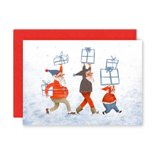 Card with elves carrying Christmas presents on a snowy background