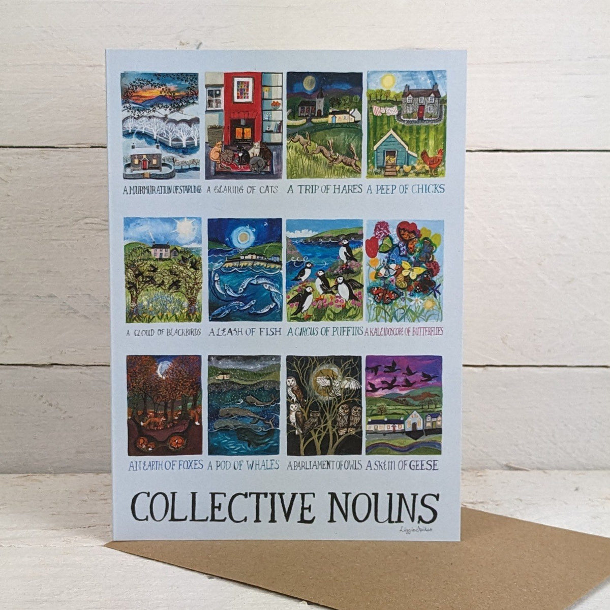 Greeting card featuring 12 collective nouns of animals.