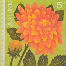 Close up of Dahlia risograph print in shades of orange and green. 