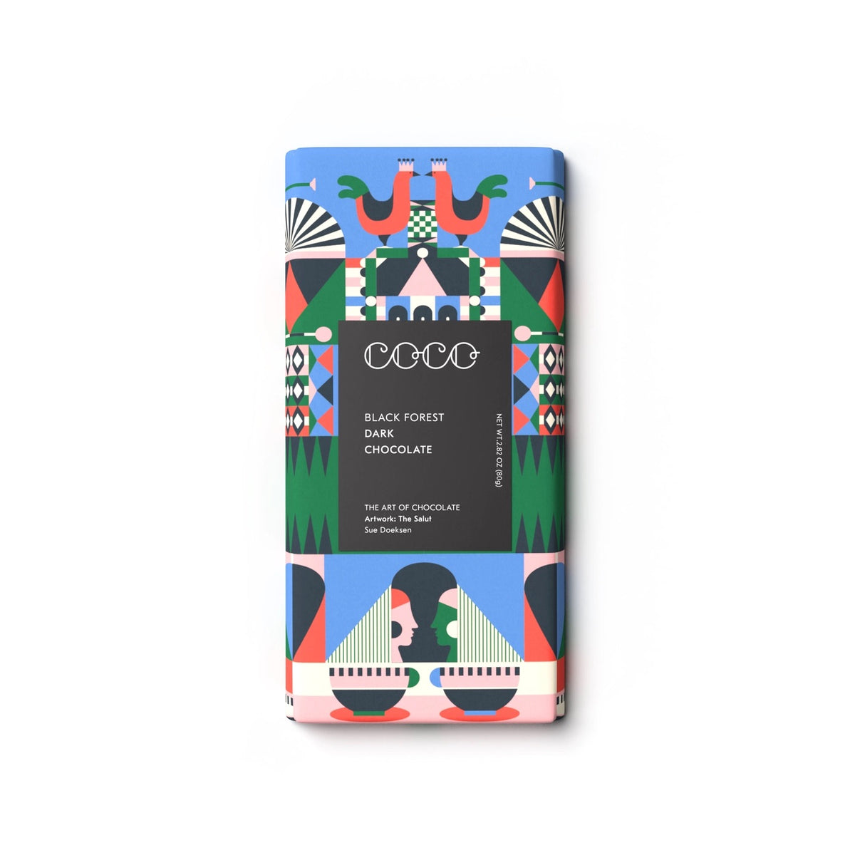 A bar of Coco  Chocolatier dark chocolate with a colorful festive themed patterned wrapper, shown on a clean white background