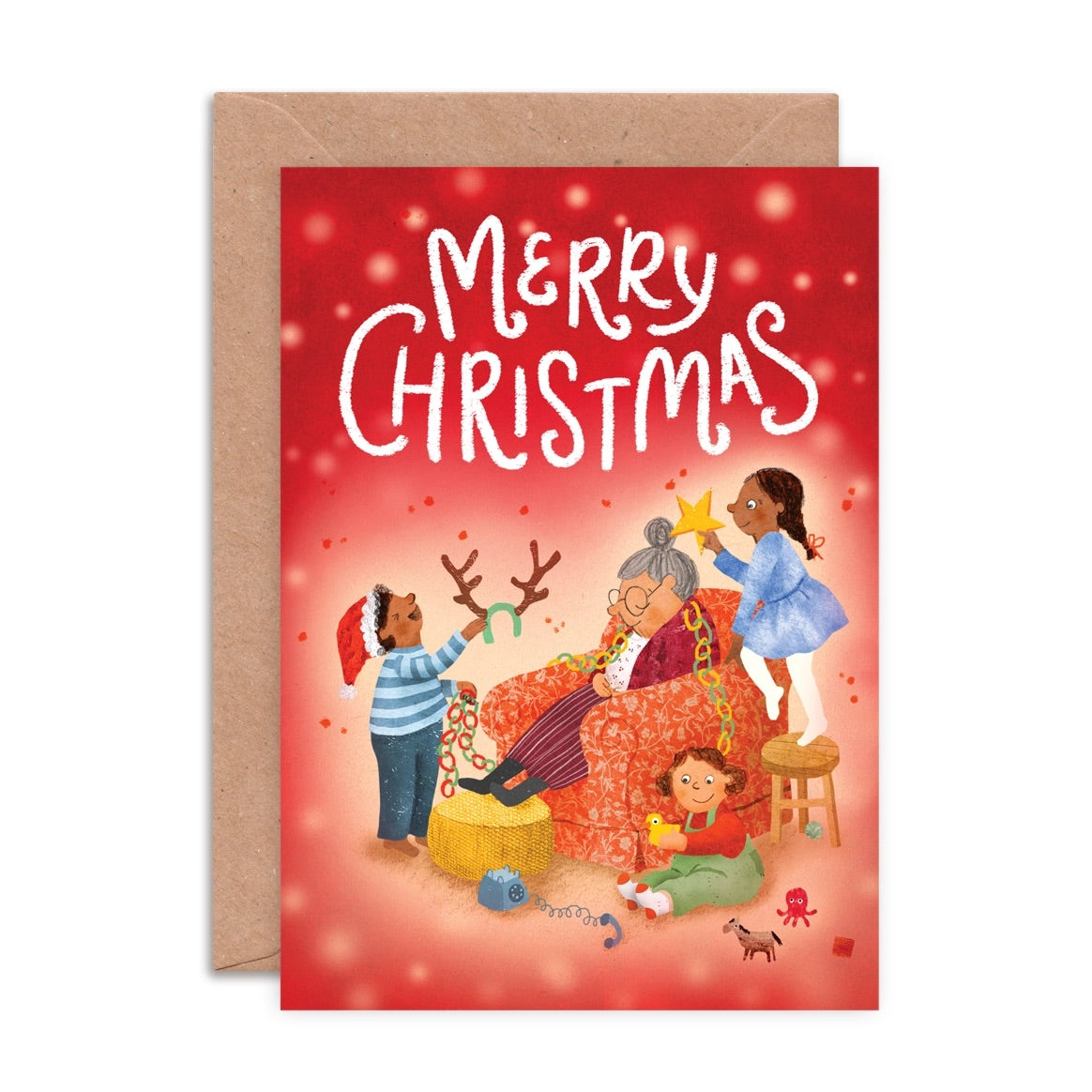 Christmas card with illustrations of children decorating Grandma with decorations, with 'Merry Christmas' text.
