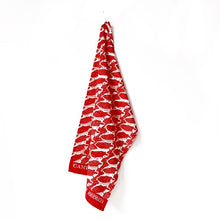 Dog printed tea towel in red and cream