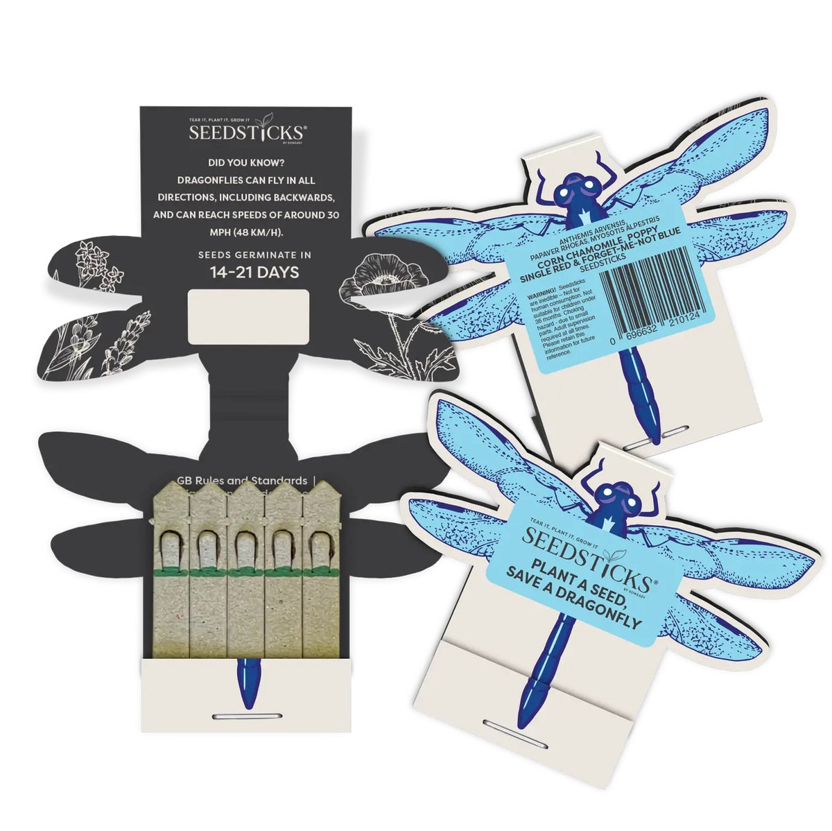 Seedsticks dragonfly seed starter kit showing an open pack, and a closed front and back packet all arranged on a white background.
