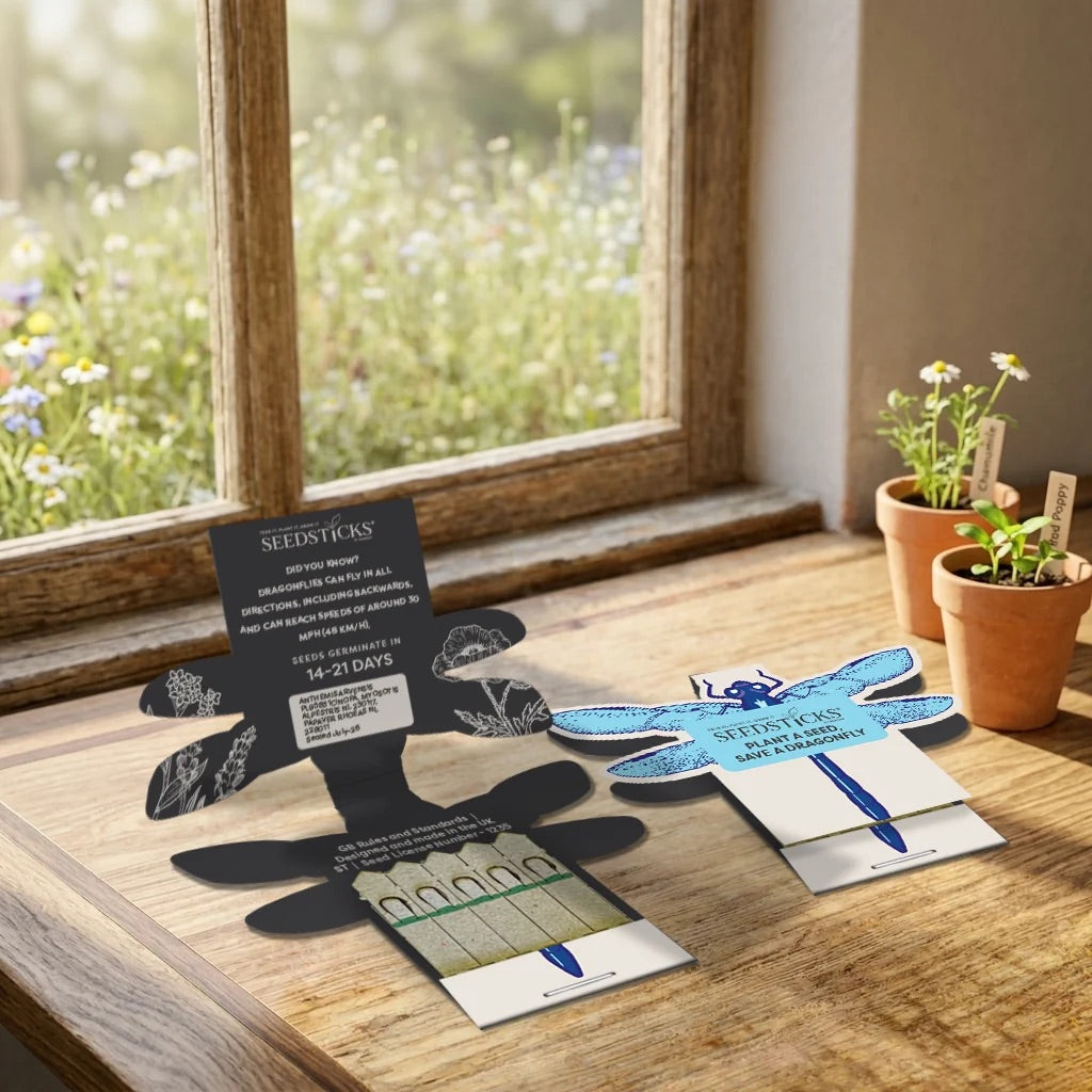 Dargonfly seedsticks in their dragonfly-shaped packaging displayed on a wooden windowsill with potted plants in the background.