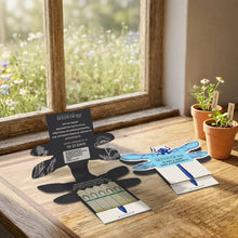 Dargonfly seedsticks in their dragonfly-shaped packaging displayed on a wooden windowsill with potted plants in the background.