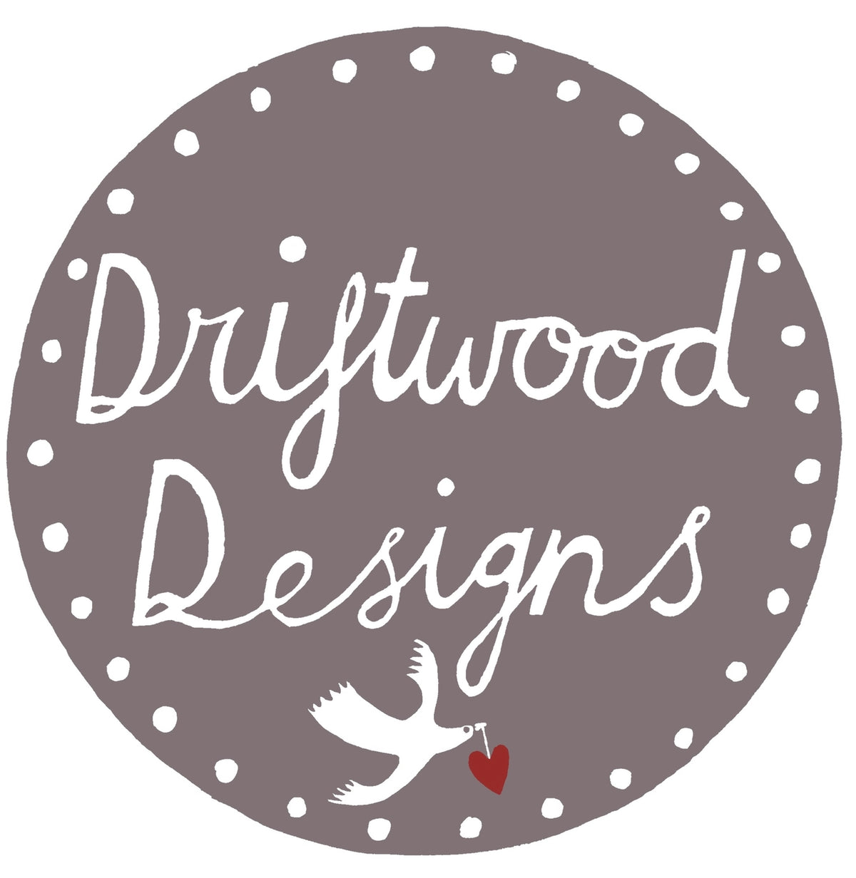 Driftwood Designs logo with a dove and heart on a grey background.