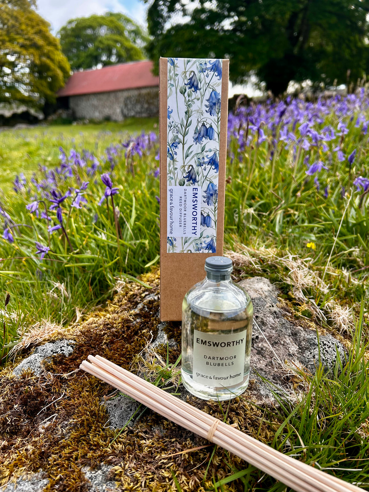 A bottle of Emsworthy diffuser oil with reeds and a tall floral-patterned box, set outdoors on mossy rocks with bluebell flowers and a stone building in the background.