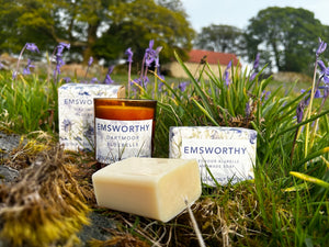 Bluebell candle in glass jar and bluebell soap amongst bluebells on Dartmoor