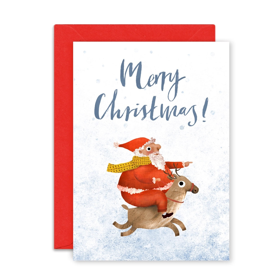Christmas card with Santa riding a reindeer and 'Merry Christmas!' text on a snowy background.