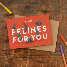 Greeting card with illustrated playful cats and the text 'I've got felines for you' on a red background.
