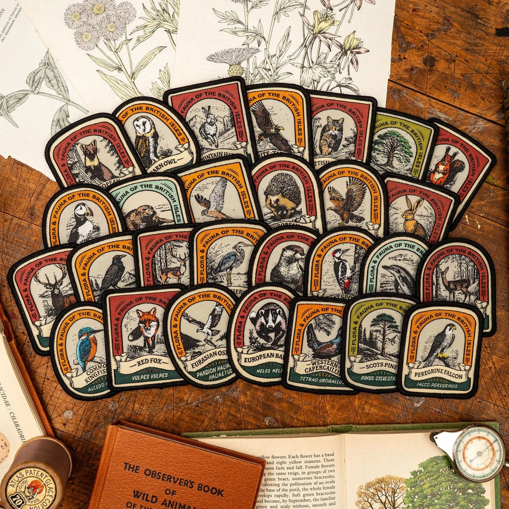Collection of vintage-style animal embroidered patches on a wooden surface with botanical illustrations in the background.