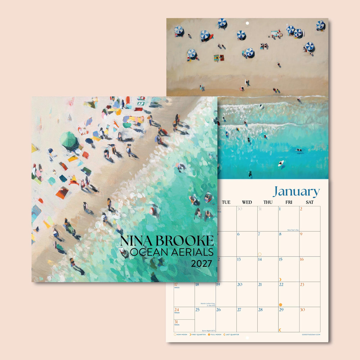 A wall calendar page set featuring aerial beach and ocean photography by Nina Brooke, with one cover showing a beach scene and another showing a January calendar grid on a pale peach background.