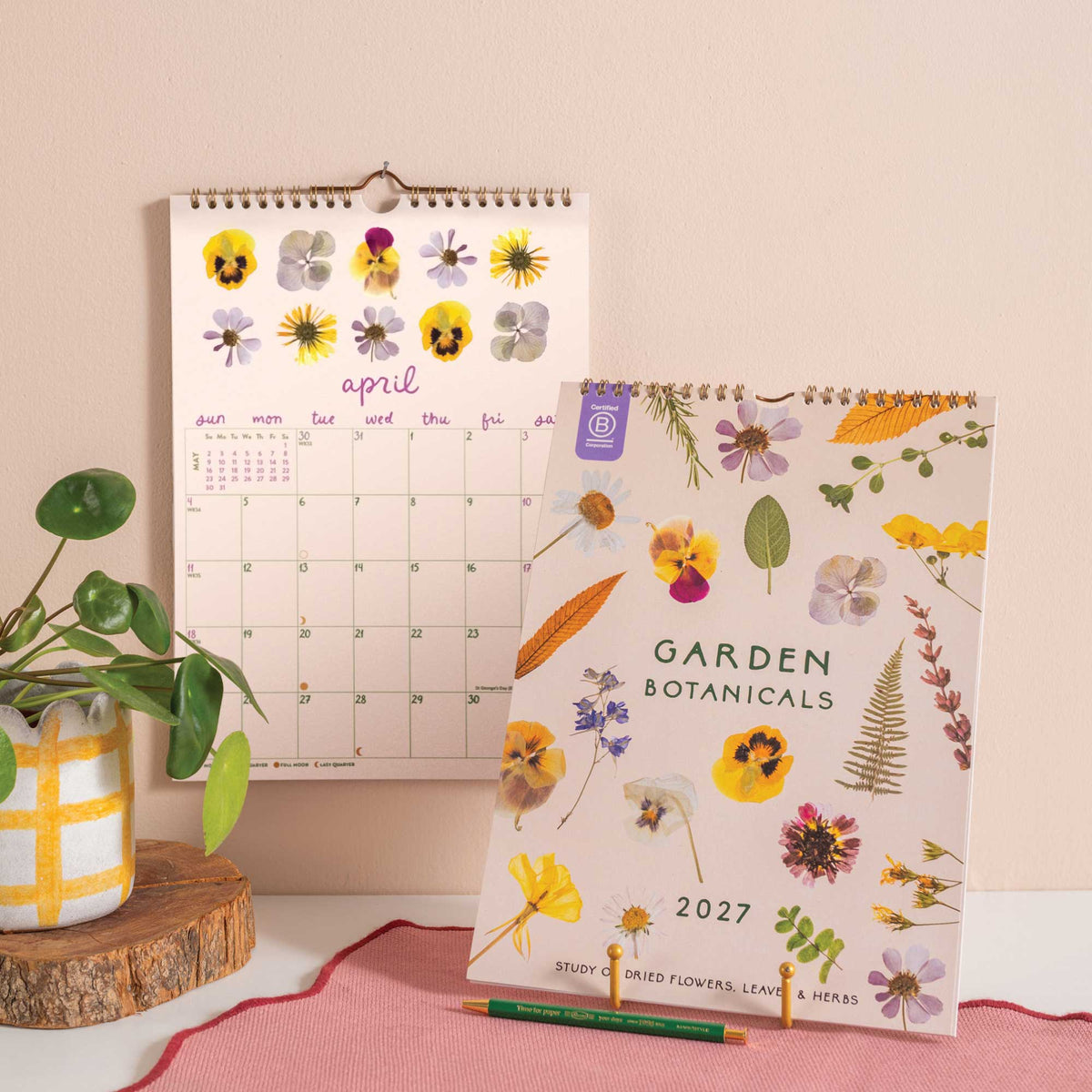 2027 garden botanical calendar with a plant on a pink background