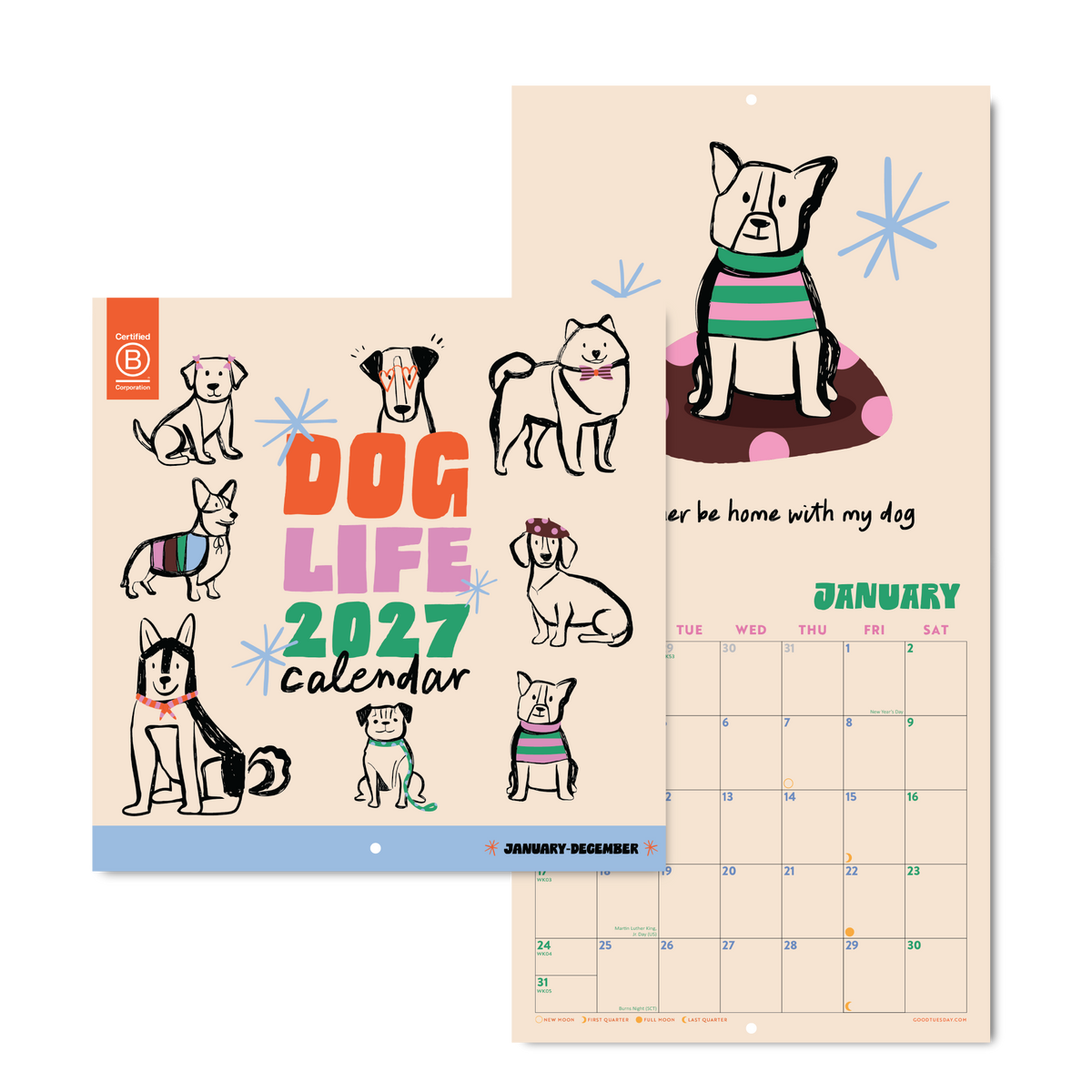A dog-themed 2027 calendar shown with both the front cover and an interior monthly page. The design features hand-drawn illustrated dogs in various poses wearing colorful striped sweaters on a warm beige background, with blue starburst accents and a January calendar grid.