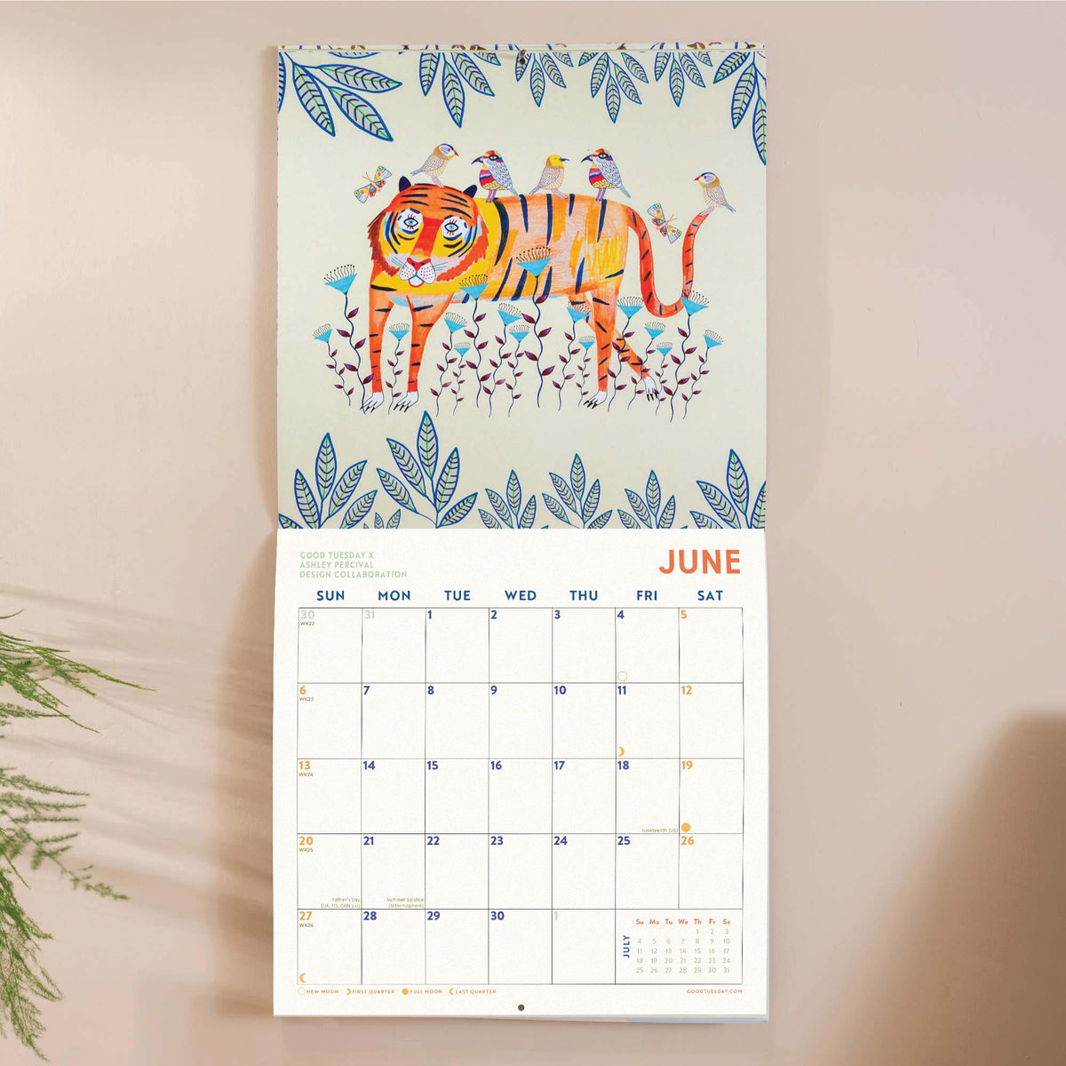 Calendar with a tiger illustration on a light background