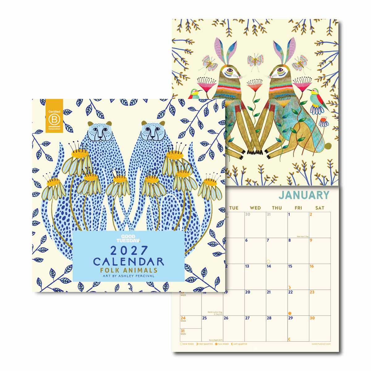 2027 calendar with folk animals design on a white background