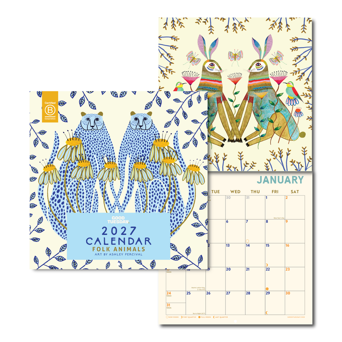 2027 folk animals calendar front cover and open page featuring month grid set up and folk style illustrations of leopards and rabbits. 