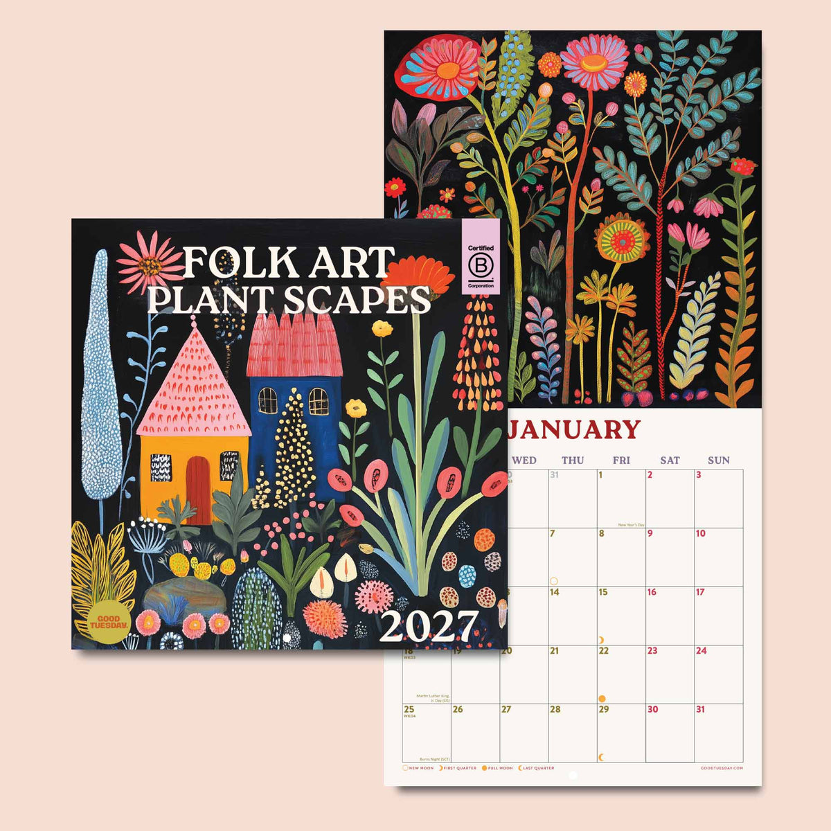 A 2027 wall calendar titled 'Folk Art Plant Scapes' shown with its front cover and a sample January page on a light peach background. The cover features colorful folk-art illustrations of flowers, plants, and small houses.