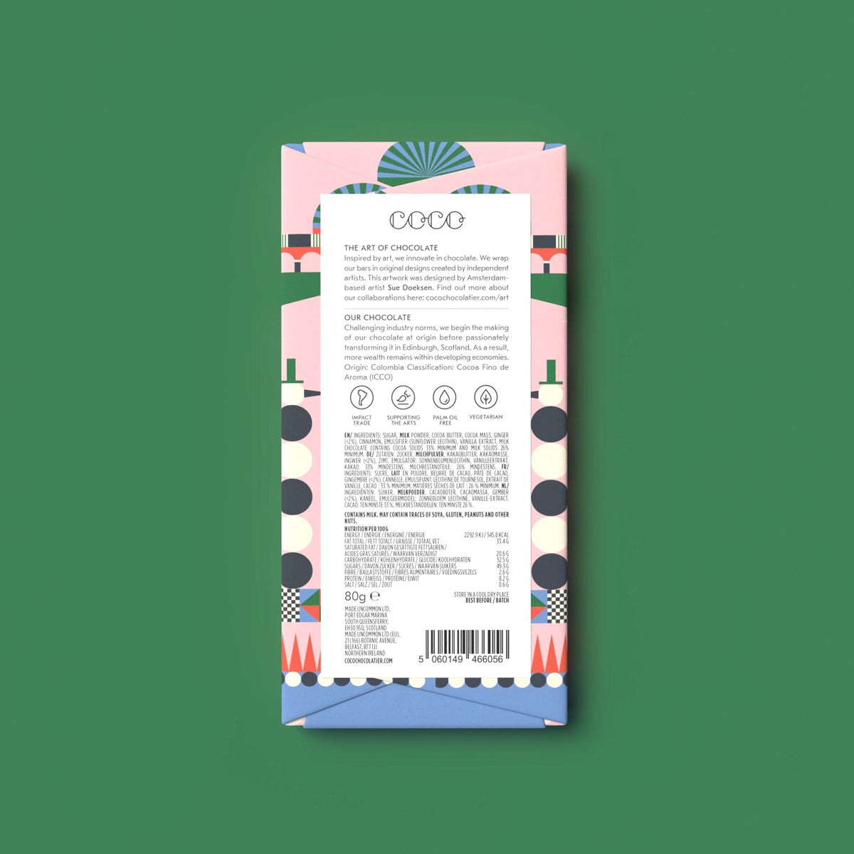 The back of a chocolate bar package by Coco, featuring a pastel pink and blue geometric pattern with a white label, centred on a solid green background.