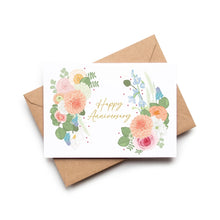 Greeting card with floral design and 'Happy Anniversary' text on a white background