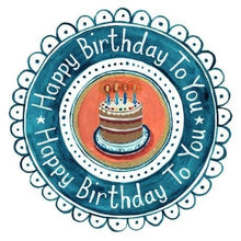A round decorative border with the text 'Happy Birthday To You' repeated around the border, featuring a watercolor-style illustration of a birthday cake with lit candles in the centre.