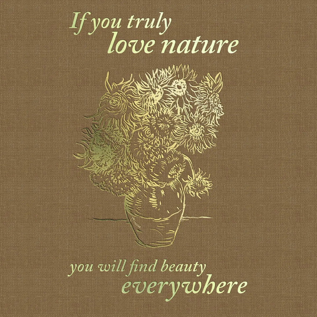 Brown background with a vase of sunflowers and motivational quote.