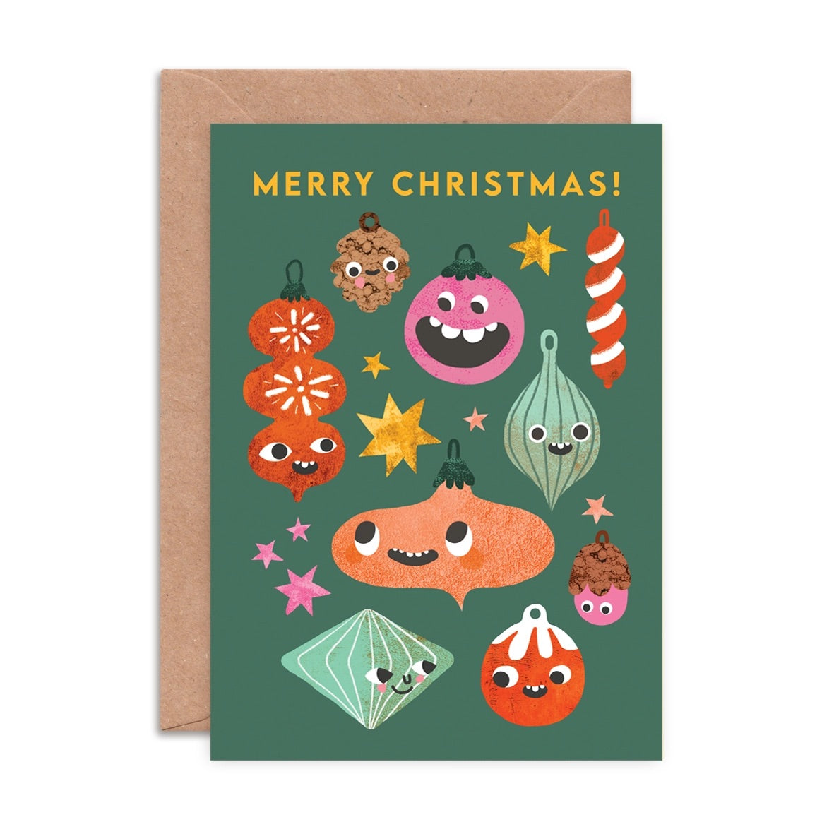 Christmas card with colourful smiley ornaments on a green background