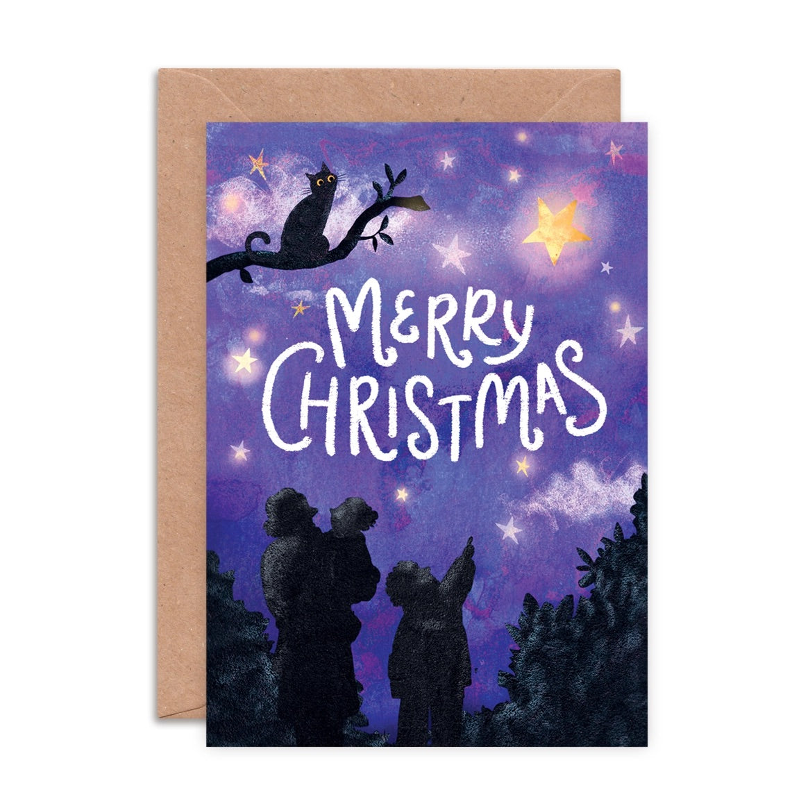 Christmas card with silhouette of people and cat under a starry sky, with a purple background.