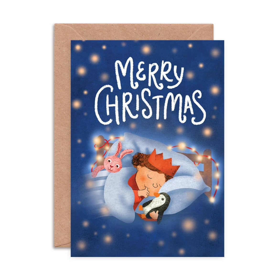 Christmas card with a child sleeping under a blanket, surrounded by stars and lights.