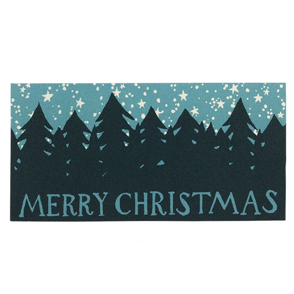 Christmas-themed card with silhouette of trees and 'Merry Christmas' text on a blue background.