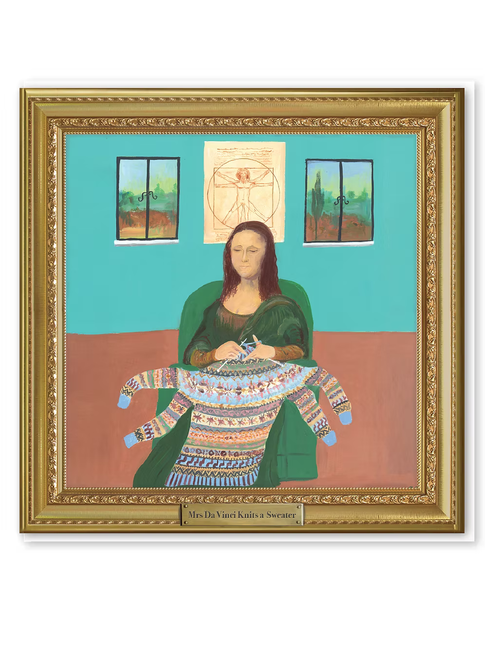 Greeting card featuring a painting of the Mona Lisa knitting a jumper with four sleeves, under the Vitruvian man, with the text 'Mrs Da Vinci Knits A Sweater'