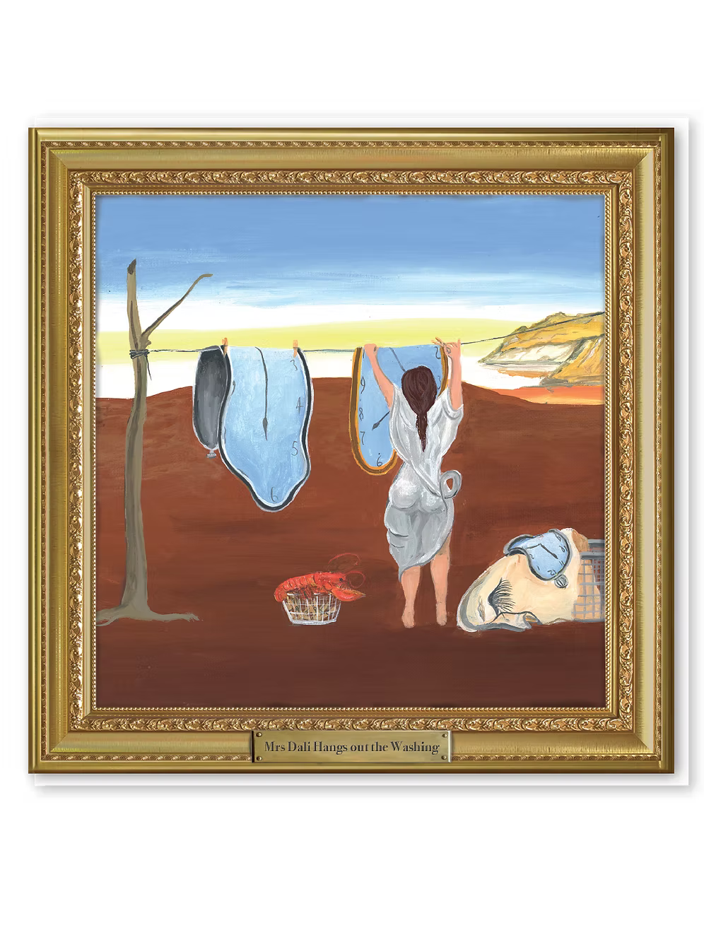 Greeting card featuring a surrealist style painting of a woman hanging clocks on the washing line with the text 'Mrs Dali Hangs out the Washing'.