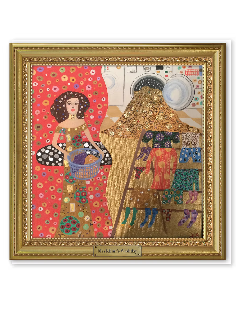 Decorative print of Mrs Klimt's washday in a laundry room, framed in gold.