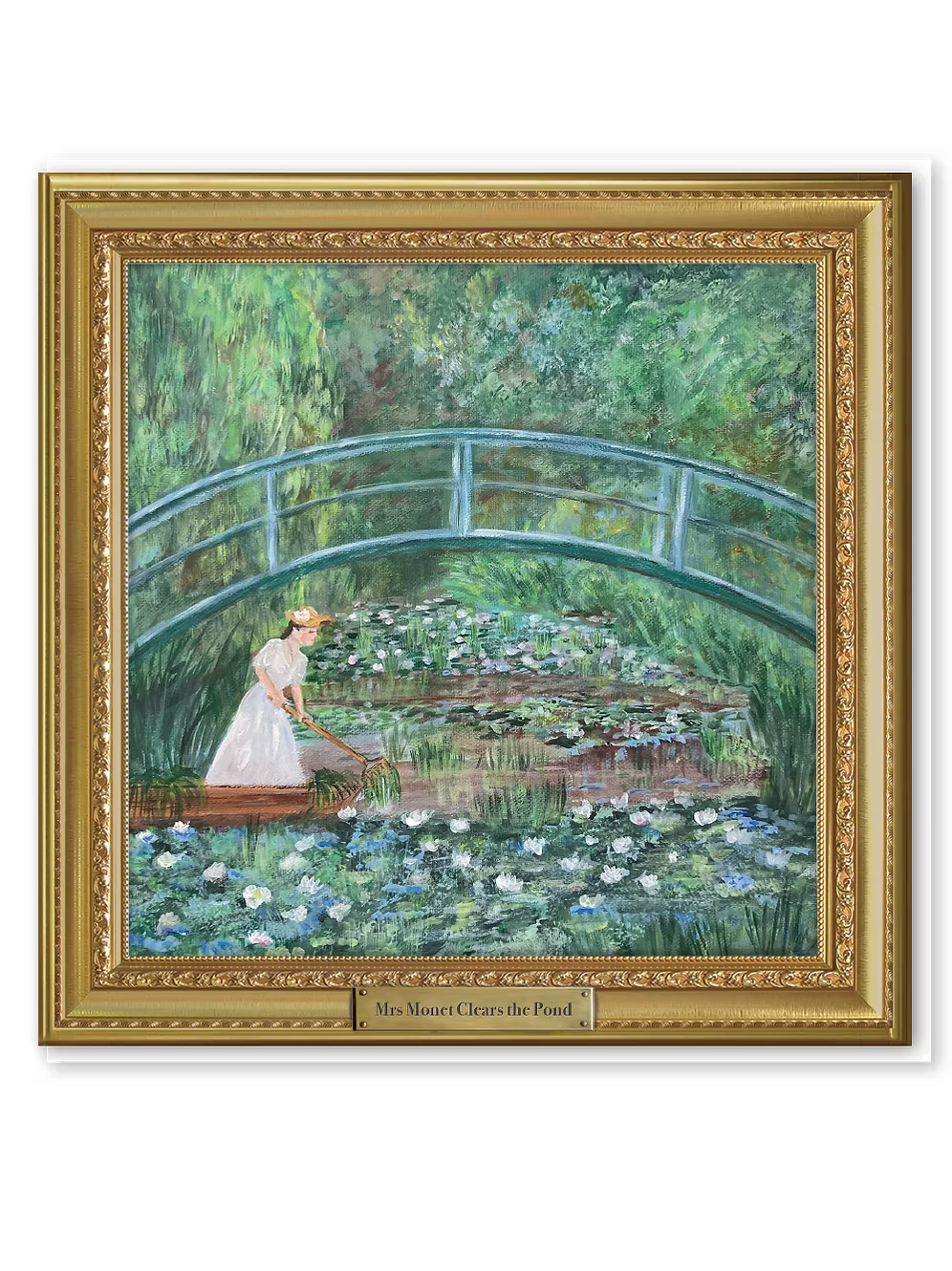 Greeting card featuring a painting of a women under a bridge clearing the water lilies in a gold frame with the text "Mrs Monet Clears The Pond'.